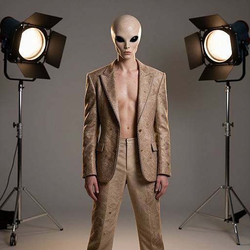 Photograph of a pale-skinned, bald male model with black eye makeup, wearing an open, gold textured suit and beige pants, standing between two