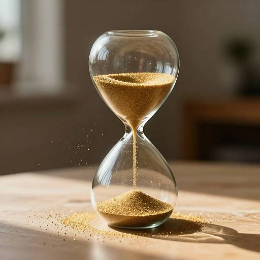 Photograph of a clear glass hourglass with golden sand flowing, casting light reflections on a wooden table in a softly lit room.