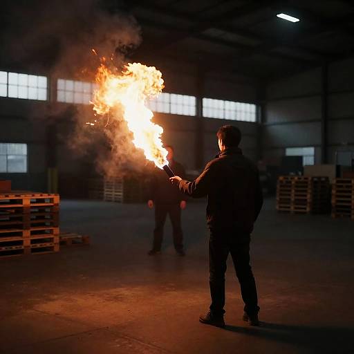 Person Holding Lit Flare in Warehouse