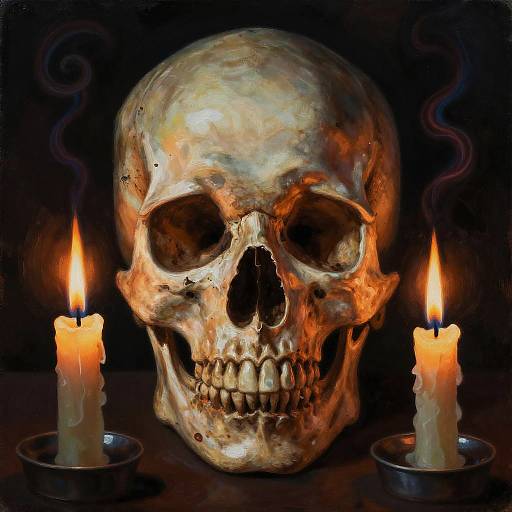 Photograph of a detailed, realistic skull with glowing orange candles on either side, set against a dark, smoky background.