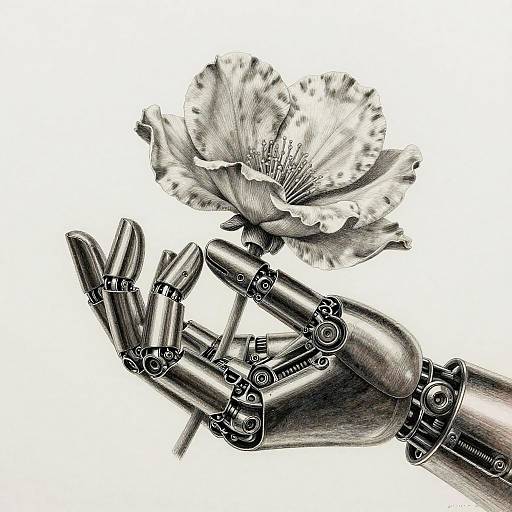 Digital black-and-white drawing of a robotic hand delicately holding a detailed, realistic flower with intricate petals and stamens.