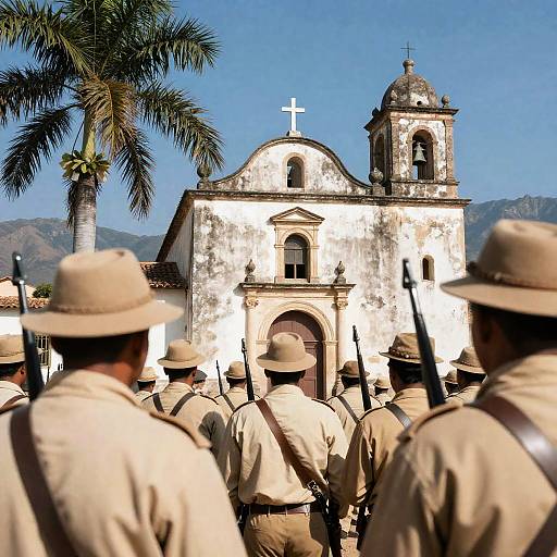 Men with Rifles at Weathered Church