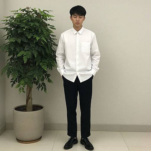 Photograph of an Asian man with short black hair, wearing a white button-up shirt, black pants, and black shoes, standing in front of a