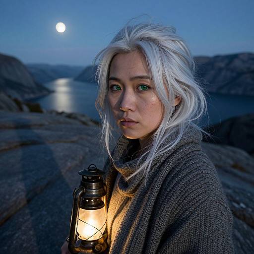 Photograph of a young woman with white hair, green eyes, and nose ring, holding a lantern, against a blue twilight seascape.