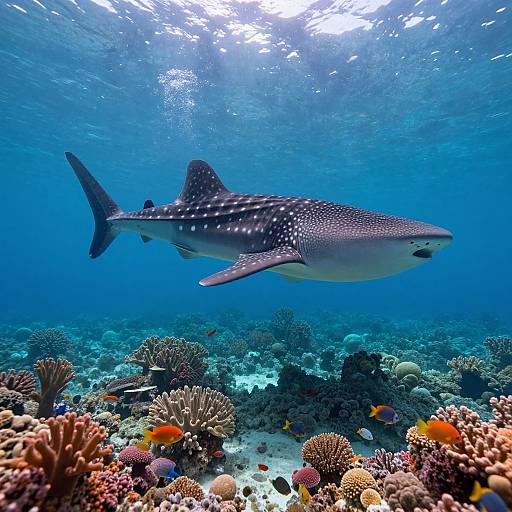 Photograph of a large, spotted leopard shark swimming above a vibrant coral reef with various colorful fish and sea anemones in clear, blue underwater light