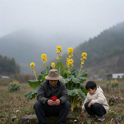 Misty Mountain Field with Man and Child