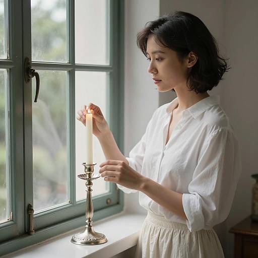 Focused Woman by the Window with Candle