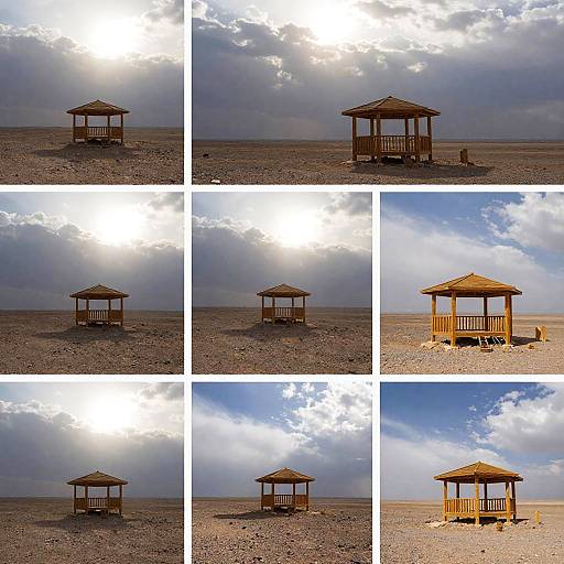 Photograph collage of a wooden gazebo in a desolate, sandy beach setting, captured at different times with varying cloud coverage and sunlight.