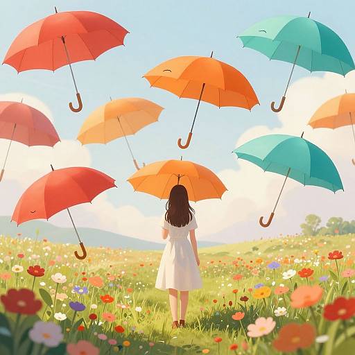 Digital illustration of a girl in a white dress, facing away, surrounded by floating colorful umbrellas in a sunlit meadow of vibrant flowers.