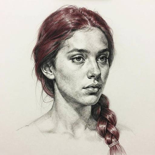 Black-and-white pencil sketch of a young woman with red braided hair, realistic facial features, and a neutral expression, set against a plain white background