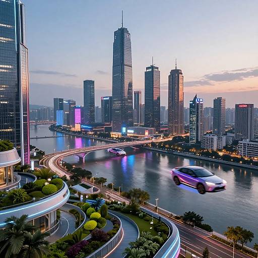 Photograph of a futuristic cityscape at dusk, featuring illuminated skyscrapers, a curving river with neon lights, and a speeding white car.