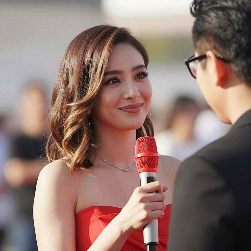 Woman Holding Red Microphone in Outdoor Interview