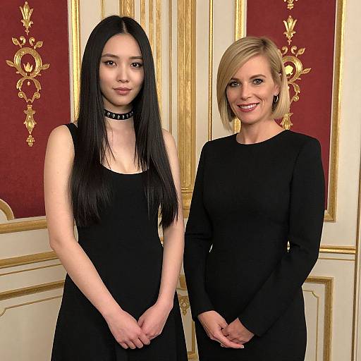Photograph of two women in black dresses standing in an ornate, gold-accented, red-walled room; one with long black hair,
