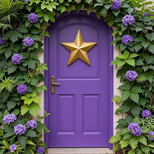Vibrant purple door adorned with a gold star, surrounded by lush green foliage and purple hydrangeas, creating a charming, colorful entrance.