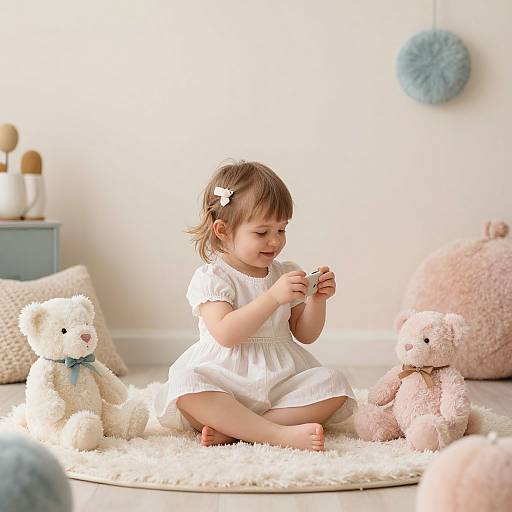 Photograph of a brown-haired toddler in a white dress, sitting on a white rug, holding a teacup, surrounded by two teddy bears