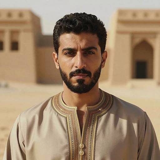 Photograph of a bearded Middle Eastern man with dark hair, wearing a beige traditional embroidered shirt, standing in a sunlit desert courtyard with blurred,