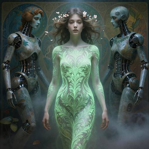 Ethereal Woman with Bioluminescent Skin and Androids