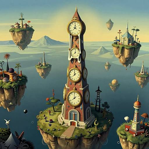 Whimsical digital illustration of floating clock towers on islands above a serene, reflective ocean, with small buildings, trees, and distant mountains under a clear