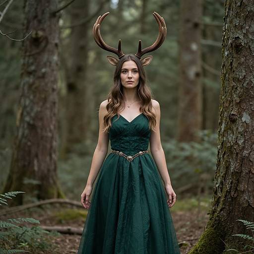Photograph of a young woman with long brown hair, wearing a dark green, lace-trimmed gown and deer antlers, standing in a dense