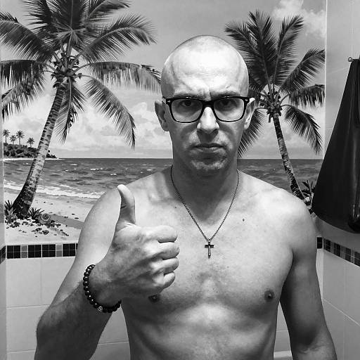 Shirtless Man in Tropical Bathroom Setting