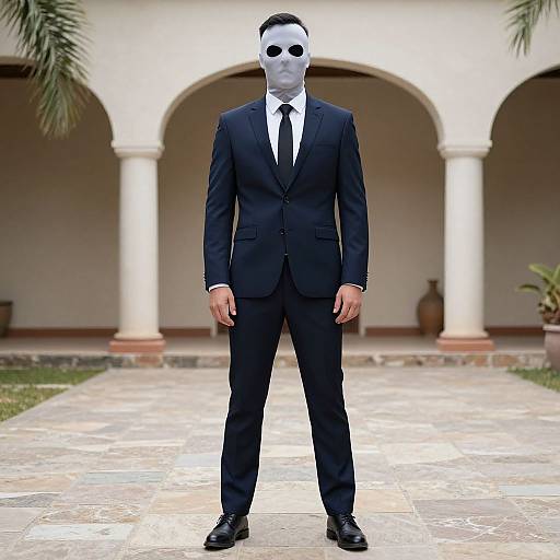 Photograph of a man in a black suit, white shirt, and black tie, wearing a white mask with black circular eyes, standing in a courtyard