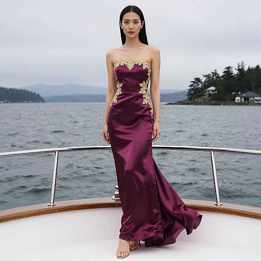 Elegant Woman in Plum Satin Gown