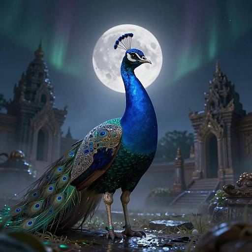 Bioluminescent Peacock at Moonlit Ruins