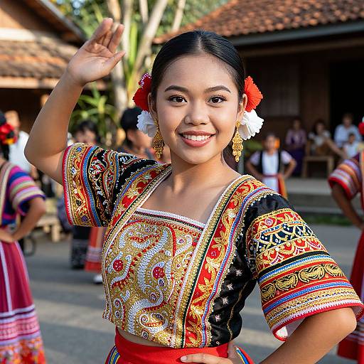 Photograph of smiling Asian woman with black hair in colorful, embroidered traditional dress, red and white flowers in hair, raising hand, outdoors, with blurred
