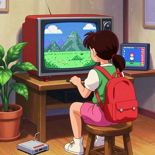 90's Anime Girl Playing Video Games