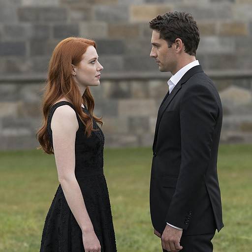 Photograph of a redheaded woman in a black dress facing a dark-haired man in a black suit, standing on grass in front of a stone wall