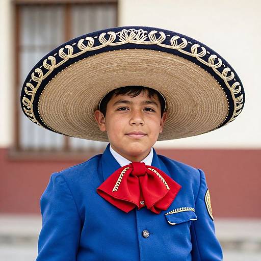 Photograph of a young boy with medium brown skin wearing a large, straw sombrero with black and white embroidery, a blue school uniform, and a
