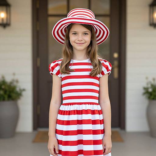 Photograph of a young girl with long brown hair, wearing a red and white striped dress and matching wide-brimmed hat, standing in front of