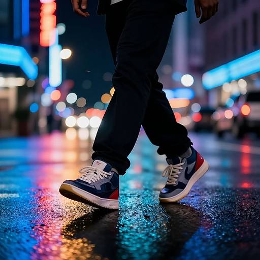 Nighttime city street photograph of a person walking in blue, white, and red sneakers on a wet, reflective sidewalk. Neon lights and blurred car lights