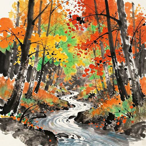 Vibrant Autumn Ink Forest Painting