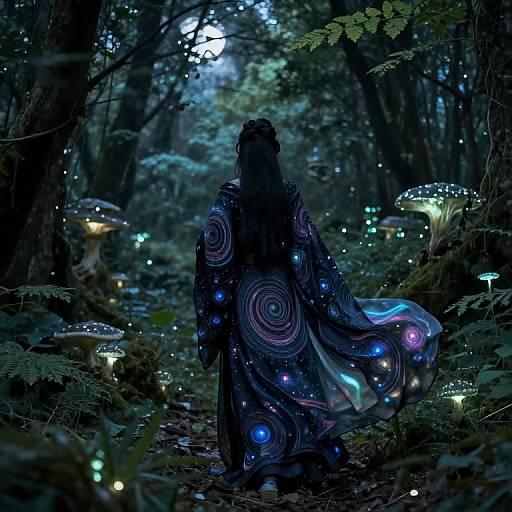 Mystical forest scene: dark-robed figure with glowing blue and purple spirals, surrounded by bioluminescent mushrooms and fireflies, under