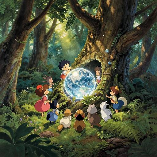 Anime-style illustration of children and a wolf-like creature gathered around a glowing, floating Earth in a lush, enchanted forest.