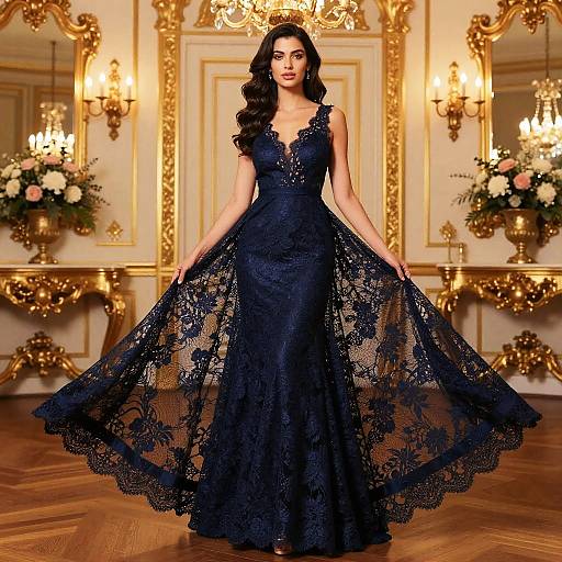 Photograph of a dark-haired woman in a floor-length, lace, deep navy evening gown, standing in an ornate, gold-accented ball