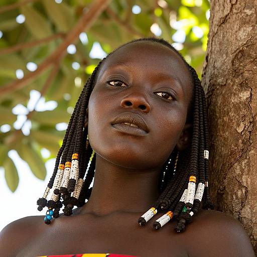 Photograph of a dark-skinned woman with braided hair, adorned with white, black, and orange beads, leaning against a tree in a sun