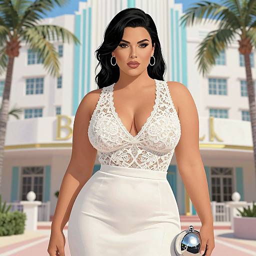 Photorealistic CGI of a curvy woman with long black hair in a white lace wedding dress, holding a silver clutch, standing in front of a