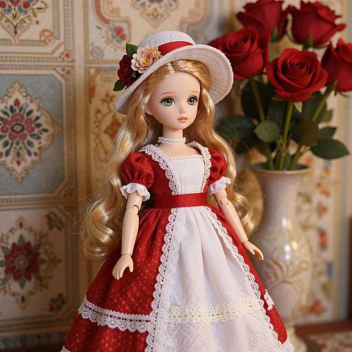 Porcelain Doll in Vintage Floral Setting