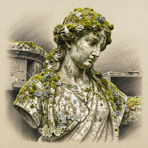 Hyperrealistic Weathered Stone Statue Drawing