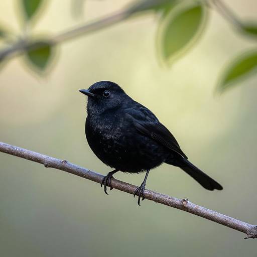 Photograph of a small, black bird with glossy feathers perched on a thin branch, set against a softly blurred green and yellow background.