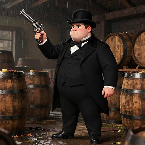 Victorian Man with Gun in Rainy Warehouse