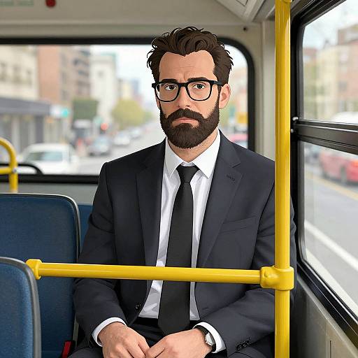 Photograph of a bearded man with glasses in a black suit and tie, sitting on a yellow-handled bus seat, with blurred city background visible