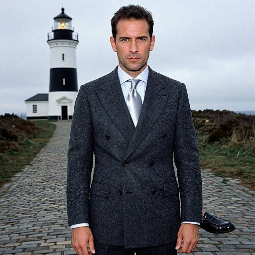 Confident Man in Classic Suit by Lighthouse