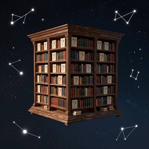 Floating wooden bookshelf with question marks on book spines against a starry night sky, featuring constellation lines. Digital art.