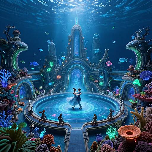 Fantastical underwater dance scene: A couple waltzes in a glowing, ornate, aquatic arena surrounded by colorful coral, bioluminescent