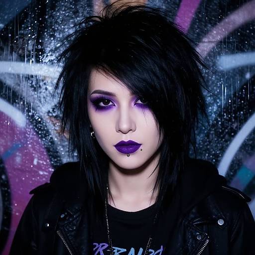 Gothic-style portrait of a pale woman with black spiky hair, purple eyeshadow, dark lipstick, and a nose piercing, wearing a