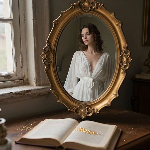 Photograph of a dark-haired woman in a white, deep V-neck robe reflected in an ornate gold oval mirror, standing by a sunlit window