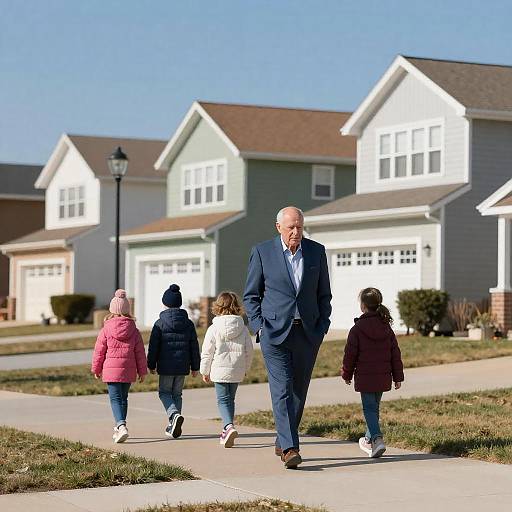 Elderly Man Walking with Children in Suburban Neighborhood
